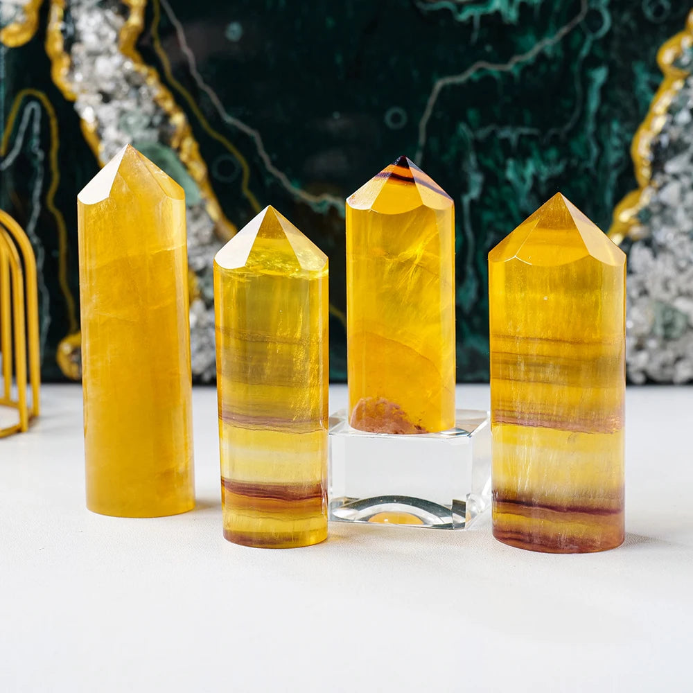 Natural Healing Crystal Tower Yellow Fluorite Crystal Cylinder Magic Point  Meditation Home Decor Collection Gift