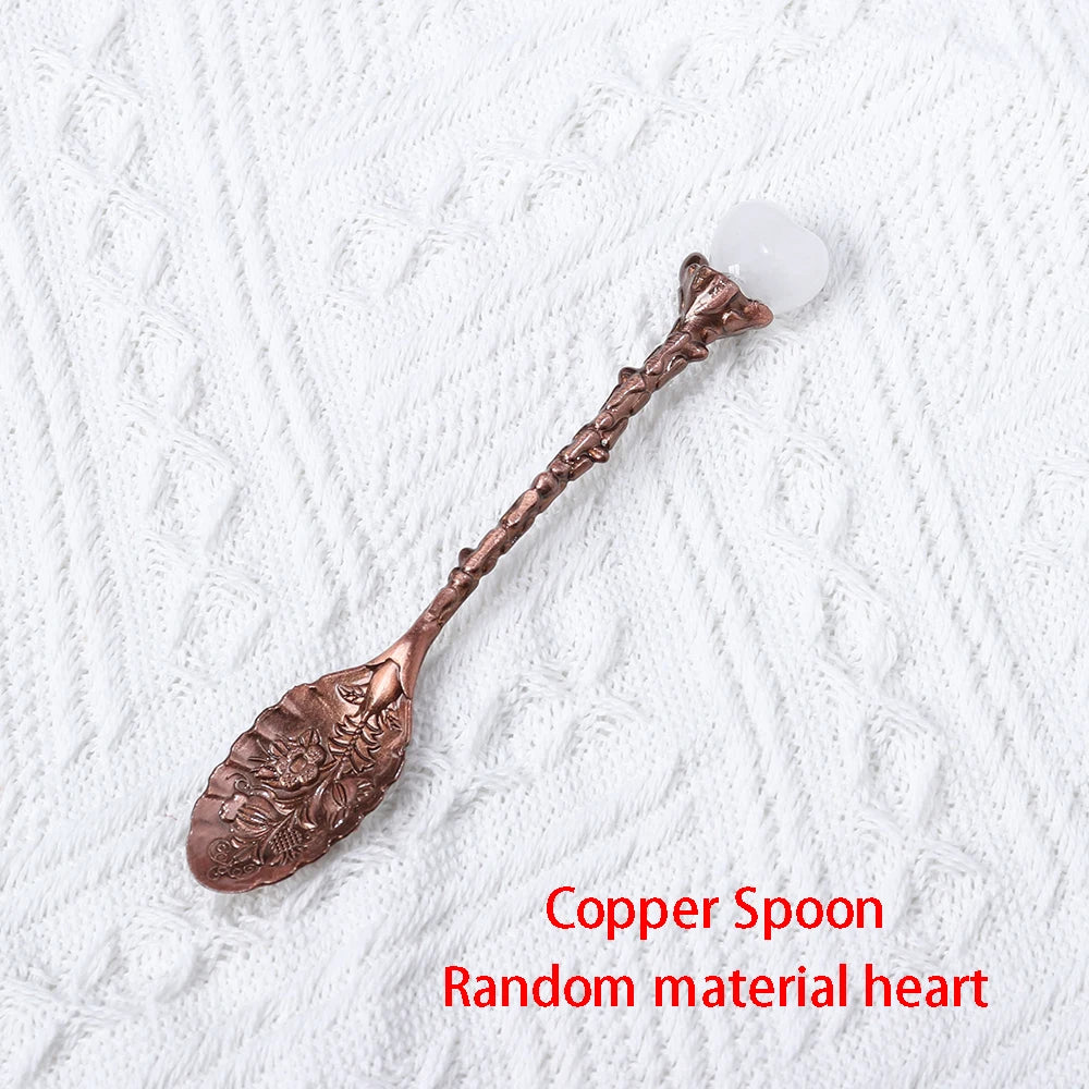 Buyde 1pc Natural Crystal Heart Teaspoon Energy Rose Quartz Kitchen Decoration Dessert Spoon Mother Gift