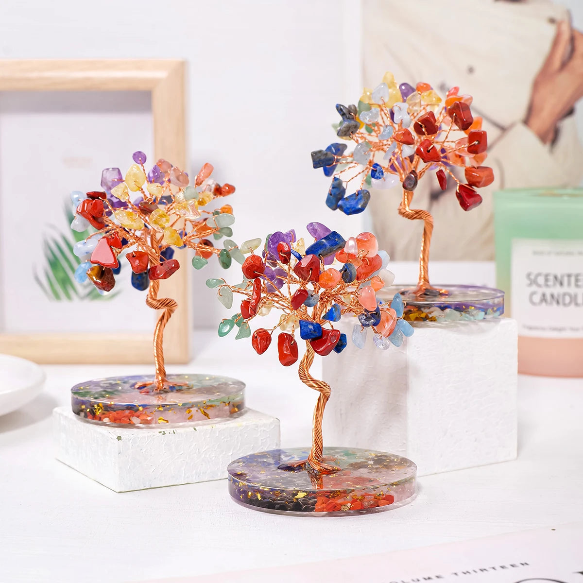 1PC Natural Crystal Lucky Tree Copper Wire Winding Colorful Gravel With Chips Base Home Decoration Money Trees