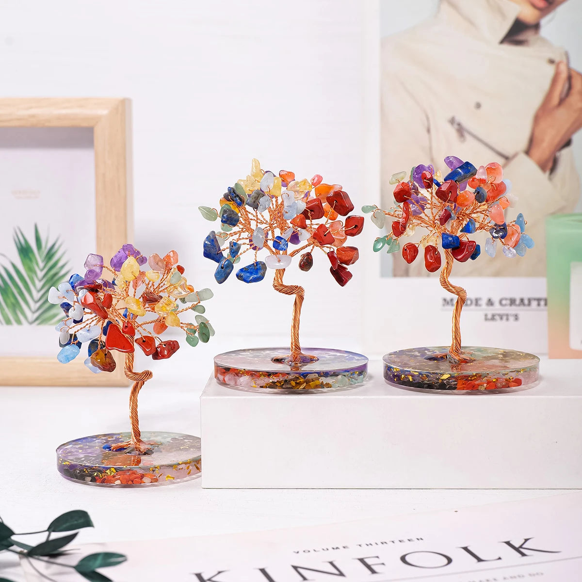 1PC Natural Crystal Lucky Tree Copper Wire Winding Colorful Gravel With Chips Base Home Decoration Money Trees