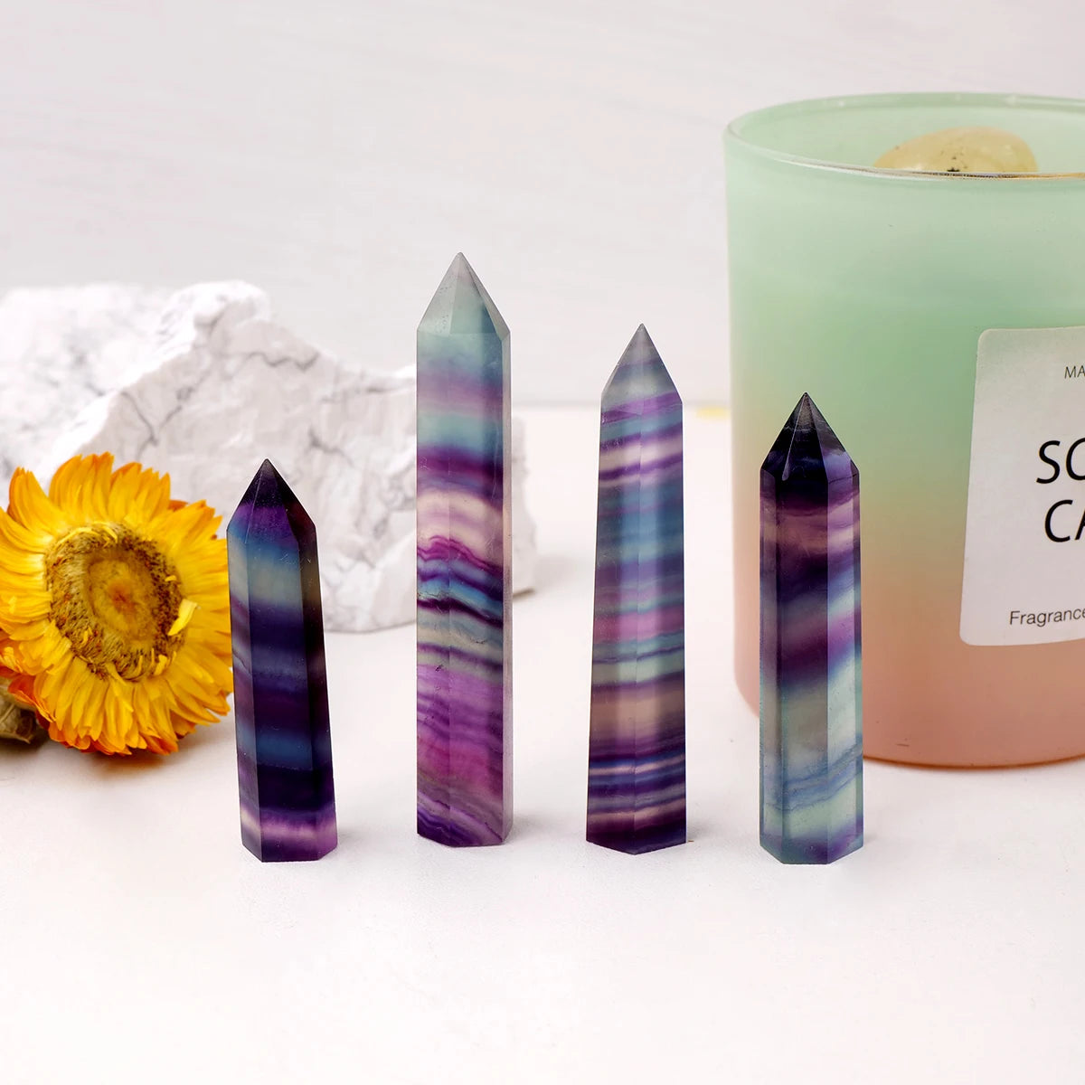 1pc Natural Healing Rainbow Fluorite Crystal Wand Divination Faceted Single Point Crystal Prism Stones for Meditation Reiki