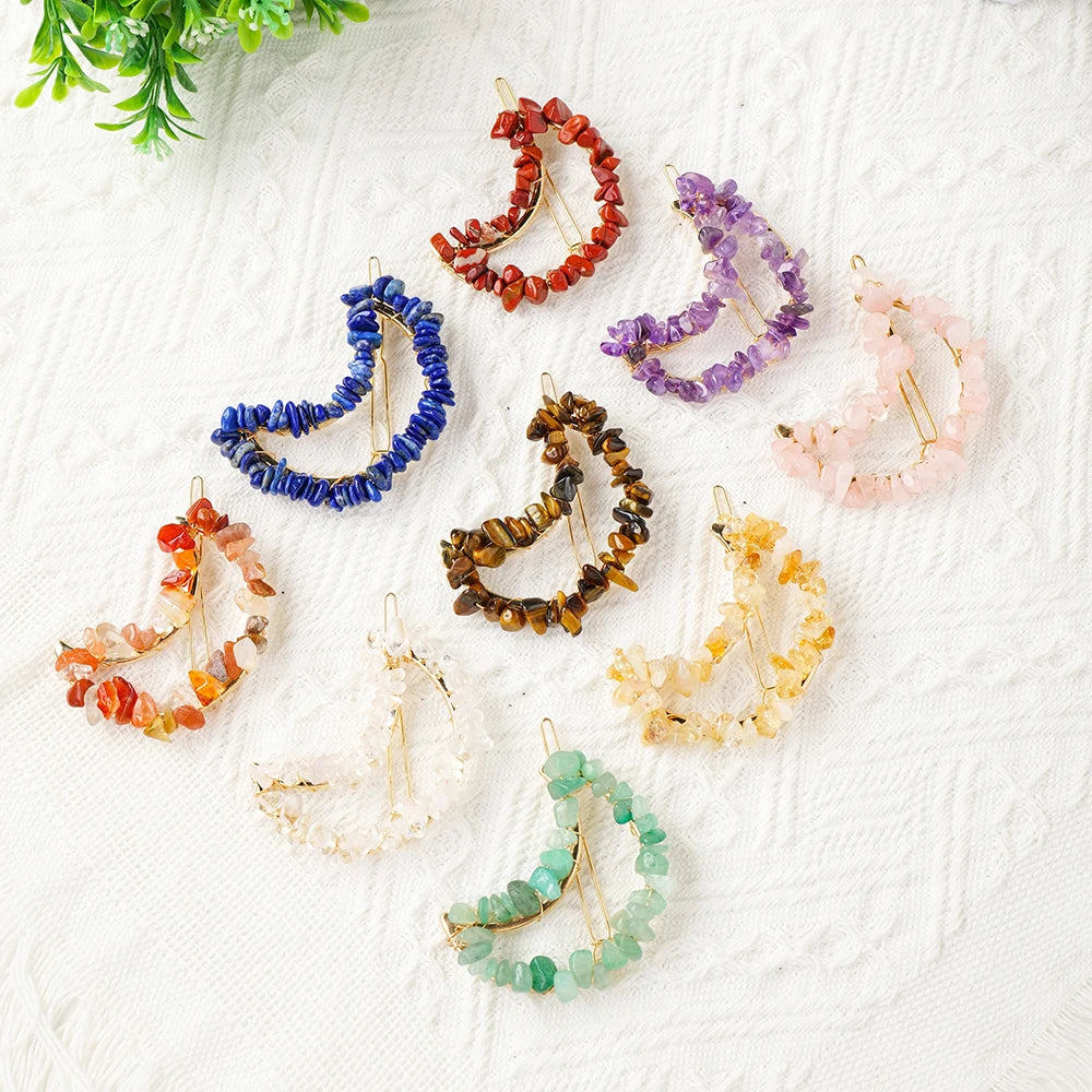 Women Girls Cute Colorful Natural Stone Crystal Gravel DIY  Moon Hairpin Decoration Sweet Hair Clips Fashion Hair Accessories
