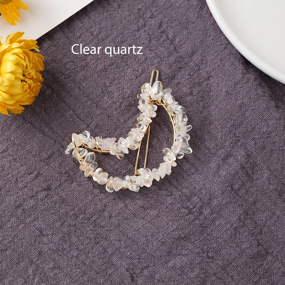 Women Girls Cute Colorful Natural Stone Crystal Gravel DIY  Moon Hairpin Decoration Sweet Hair Clips Fashion Hair Accessories