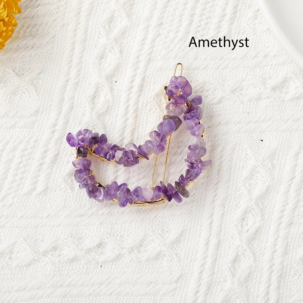 Women Girls Cute Colorful Natural Stone Crystal Gravel DIY  Moon Hairpin Decoration Sweet Hair Clips Fashion Hair Accessories